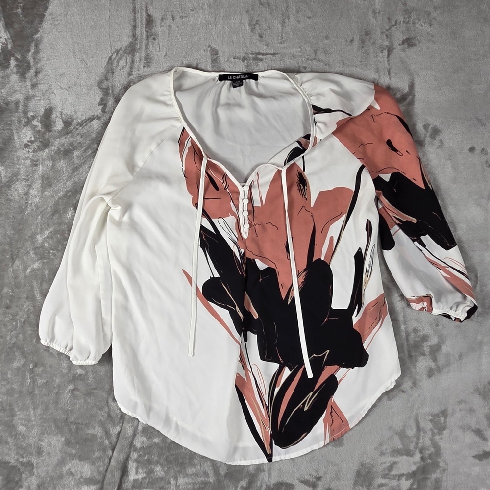 Le Chateau Floral Blouse Abstract Pink Black White Tie Neck 3/4 Sleeve Top M